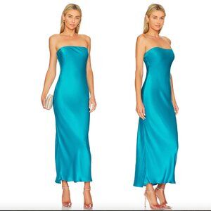 NEW SNDYS x REVOLVE Angel Strapless Midi Dress in Blue Teal Satin Silk Tube Maxi